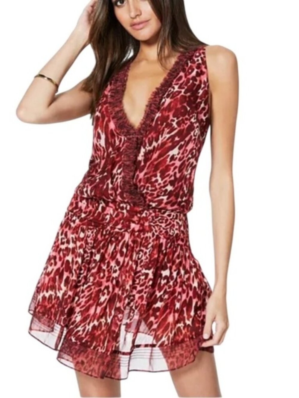 Ramy Brook Winsten Silk Burgundy Leopard Ruched Dress 4
